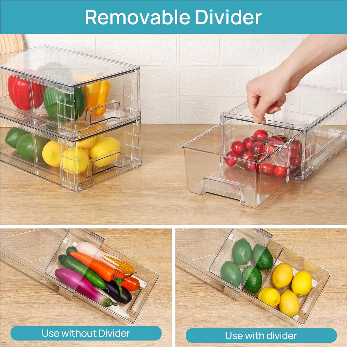 4 Pack Stackable Clear Drawer with Dividers – alternate view