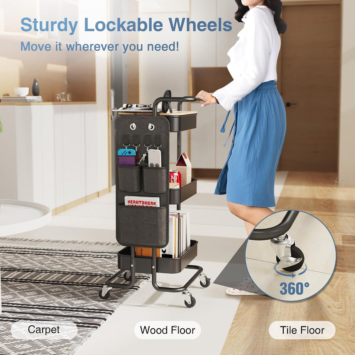 3 Tier Metal Utility Rolling Cart with Table Top and Side Bags, Tray Storage – alternate view