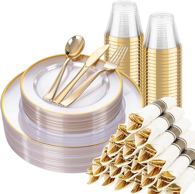 Plates Set, Gold Rim and Clear Plastic, 175 Pieces for 25 Guests