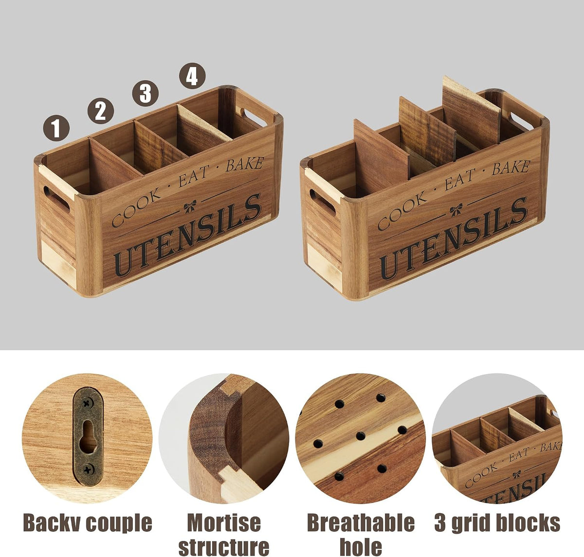 Utensil Holder for Kitchen Countertop - Extra Large 4 Compartment Wooden – close-up