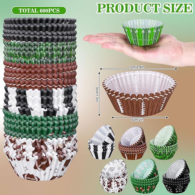 Baking Cups, 600 Pcs Football Themed Paper Cupcake Liners in 6 Designs