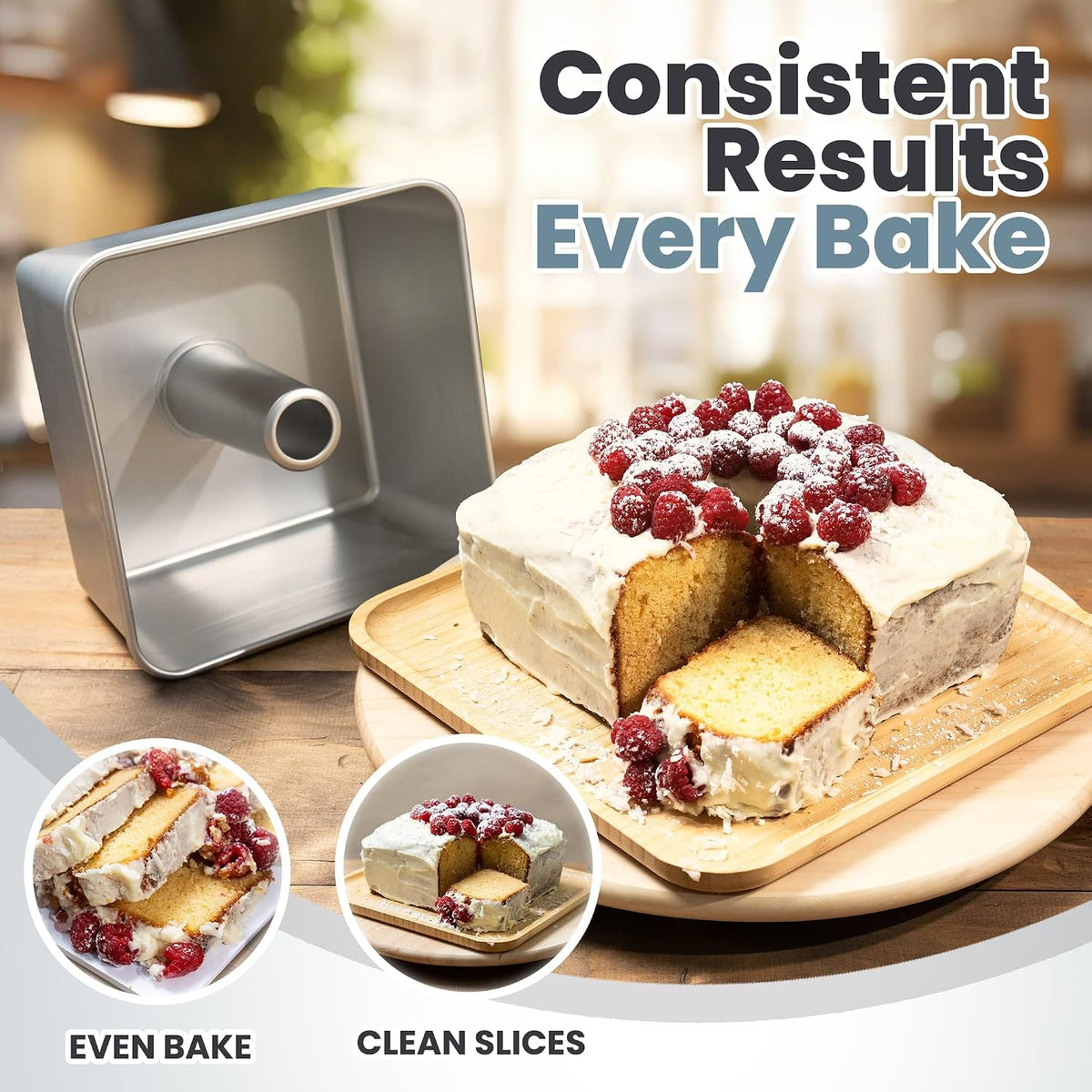 One-Piece Square Tube Cake Pan, 18 Cup, Anodized Aluminum, 9 x 9 x 4.5 – set view