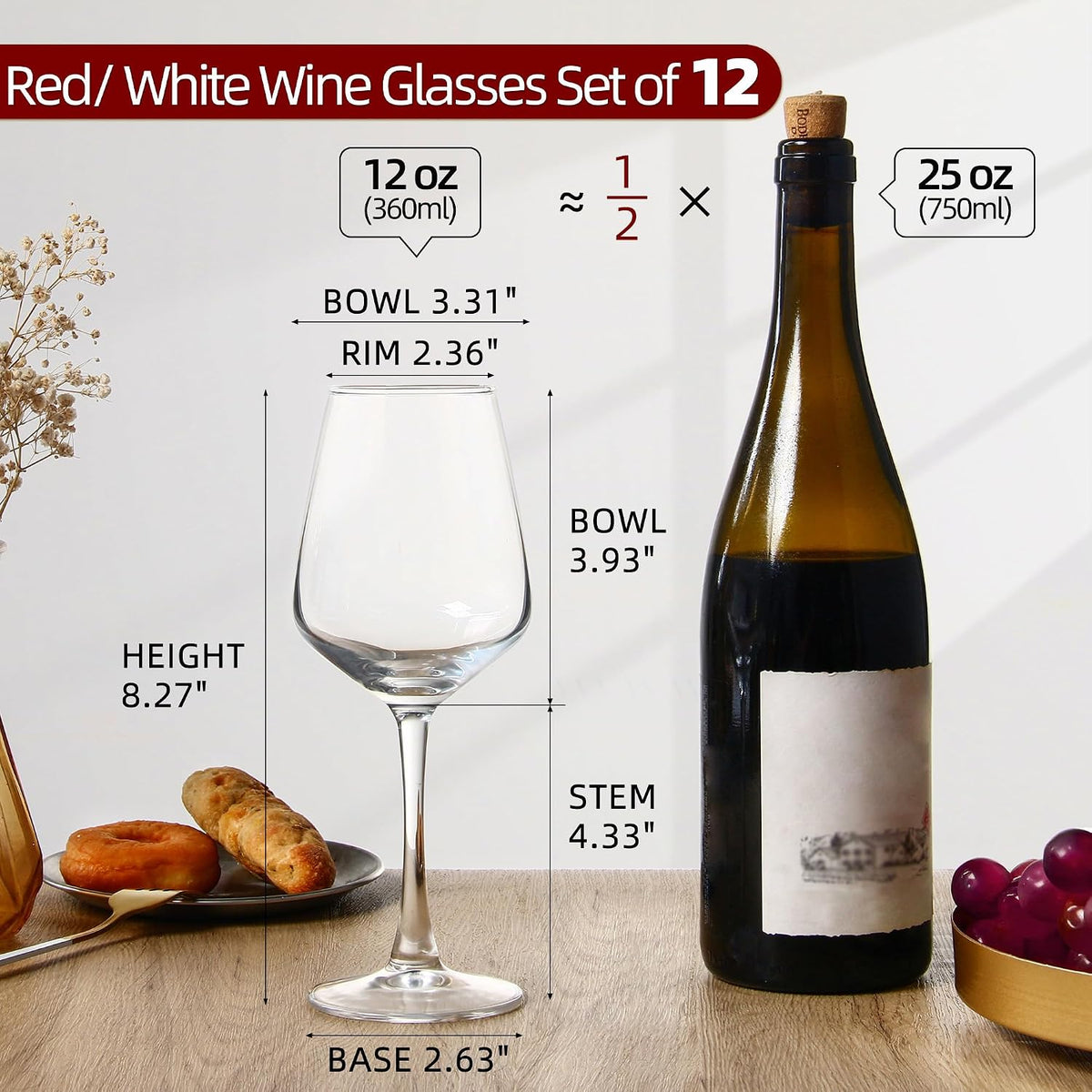 Wine Glasses Set of 12, 12oz Clear Red/White Wine Cup, Long Stem Wine Glasses – detail
