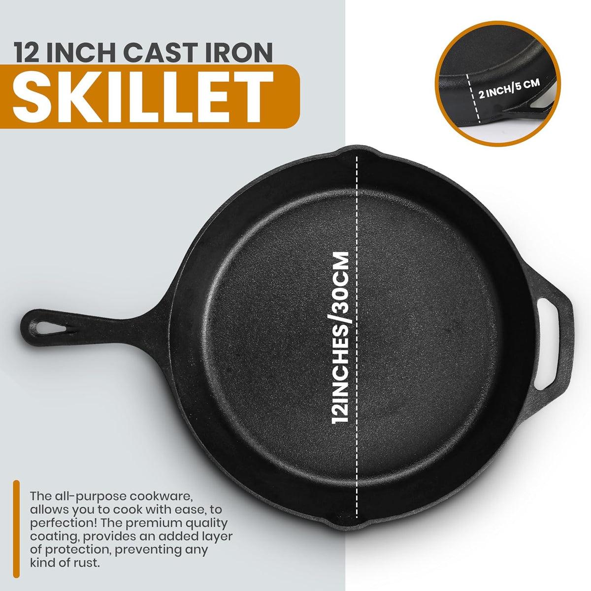 Cast Iron Skillet 12 Inch with Lid Chefs Frying Pan Black – detail