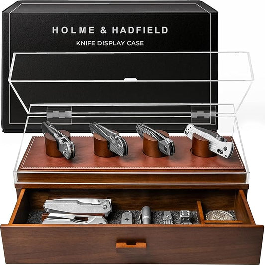 Premium Pocket Knife Display Case for 10 Knives - Wooden Knife Organizer, Storage & Holder with Unique Pillars, Hinged Cover, Drawer - Knife Collection Box - Handcrafted for Men