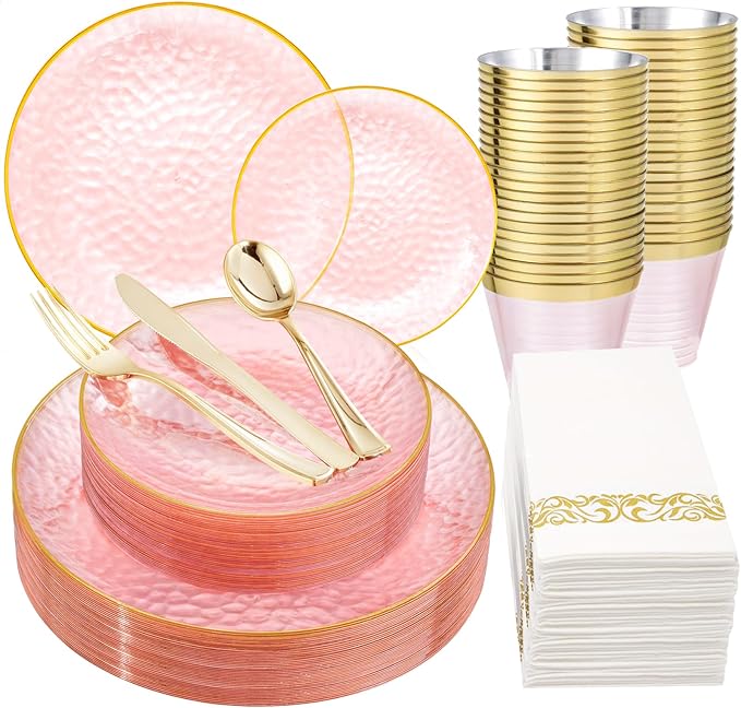 Plates for Parties: Round Pink Plastic Set with Gold Rim
