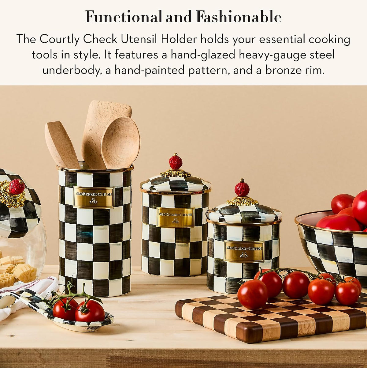 Enamel Utensil Holder, Black-and-White Courtly Check – detail