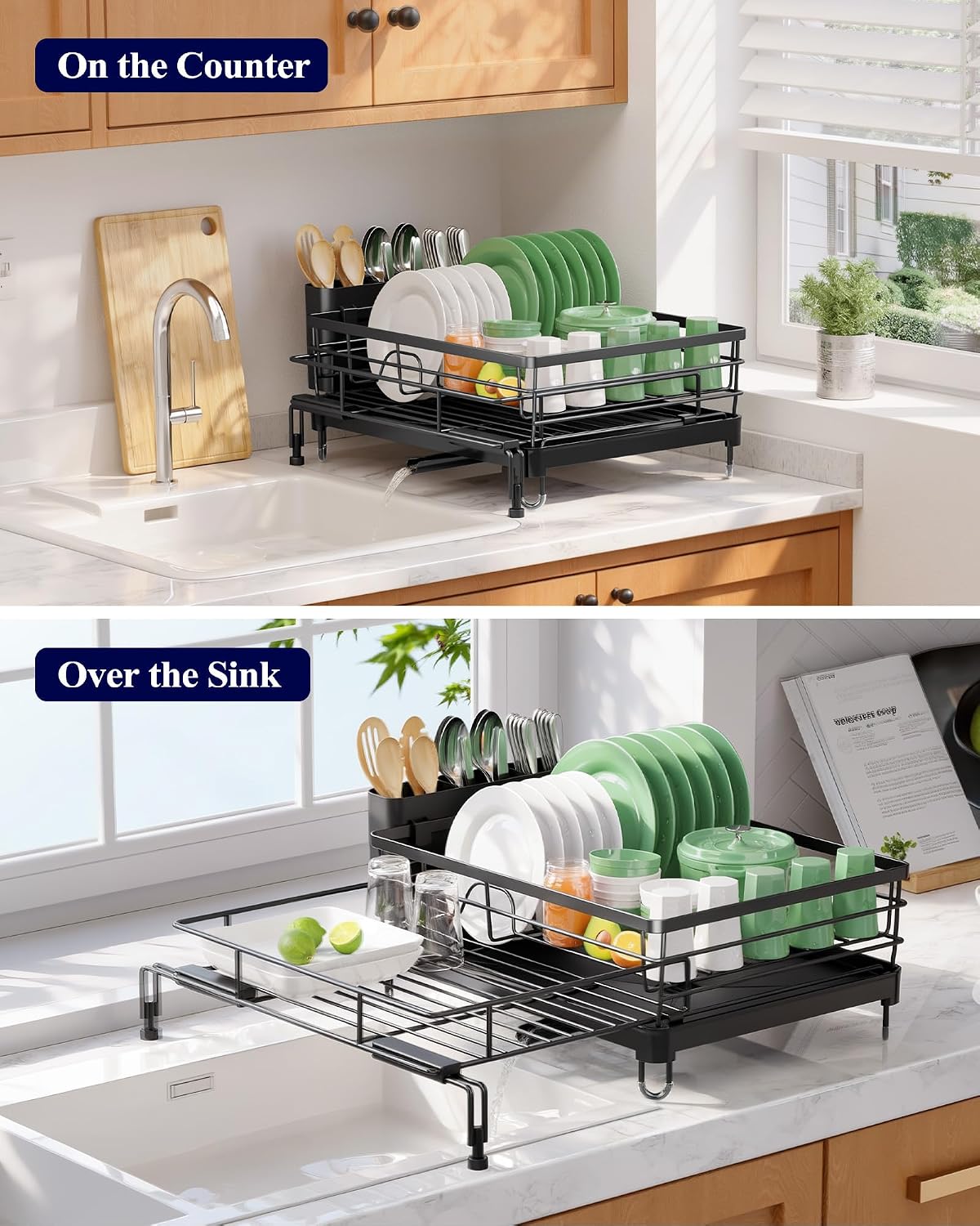 Adjustable Dish Drying Rack, 15.6''-25.2''L × 16.9''W, Black – set view