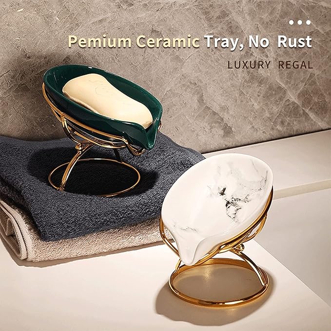Ceramic Soap Dish with Self-Draining Design, Stainless Steel Stand, 2 Pack