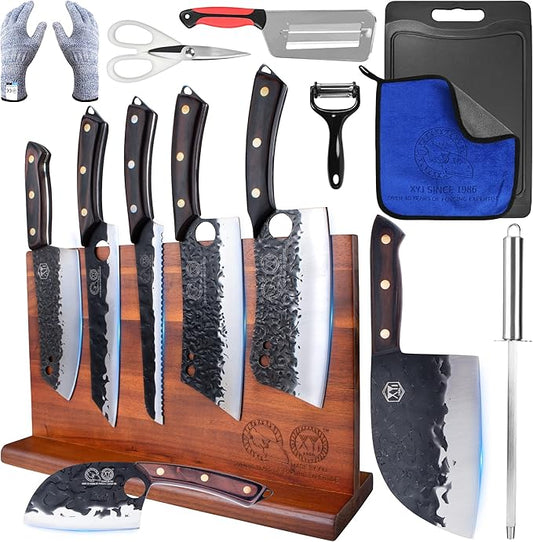 XYJ Authentic Since 1986, Knife Block Set, Full Tang Knives Set with Holder, Cutting Board, Sharpener Rod, Scissors, Cut Resistant Gloves, High Carbon Steel Blades, Cleaver, Slicing Kitchen Knives