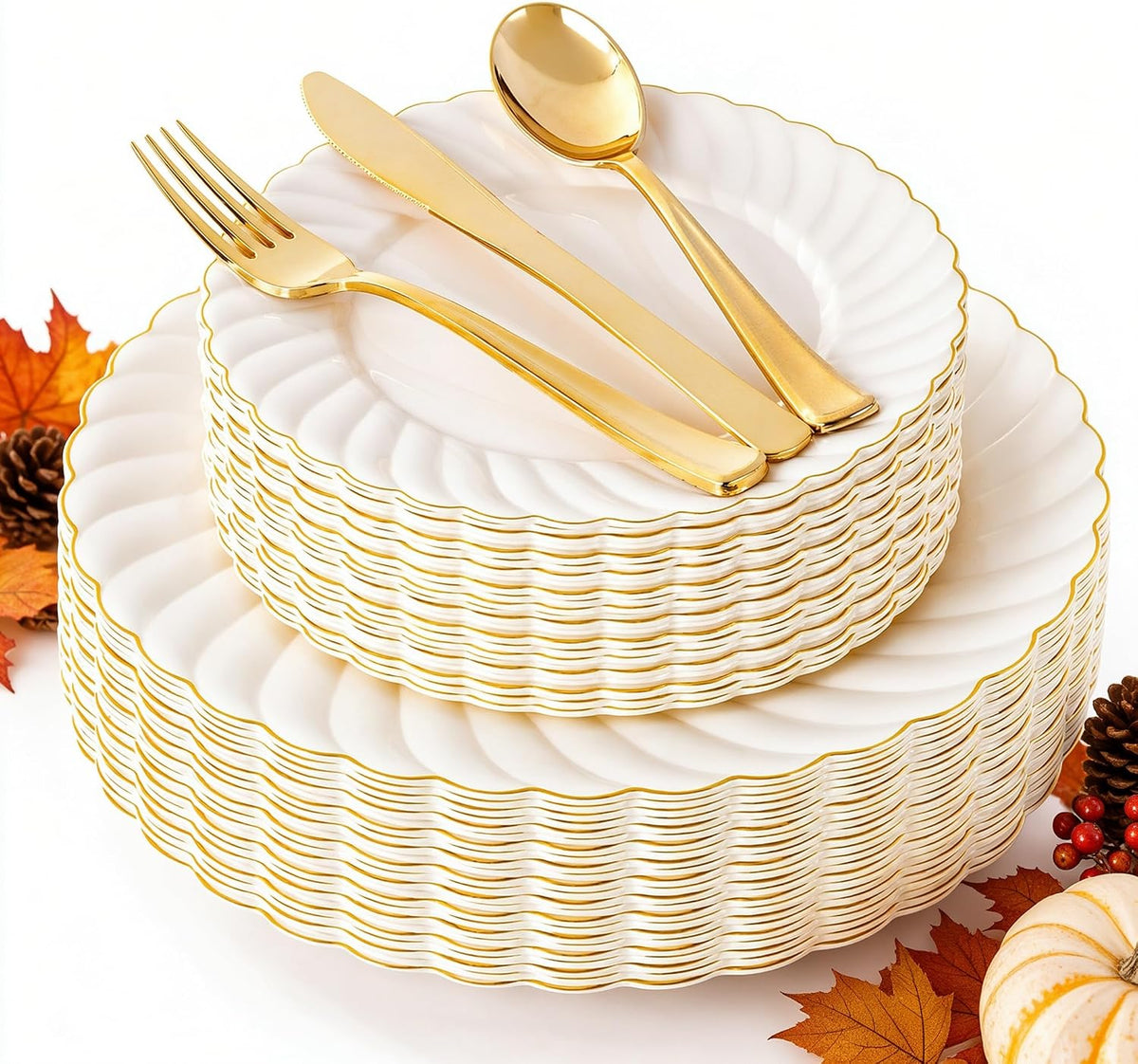 125PCS Ivory Scalloped Plastic Plates for Wedding Thanksgiving Day