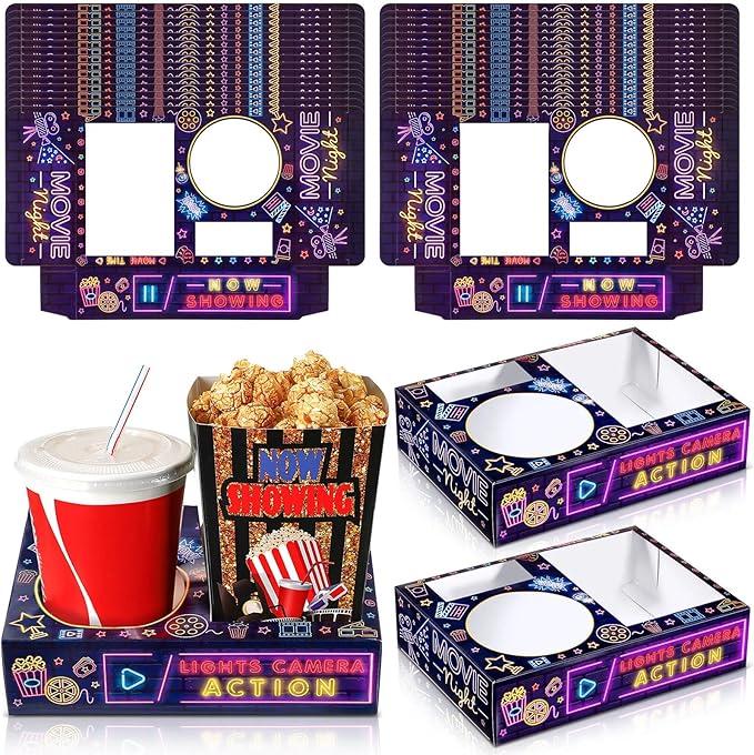Snack Bowls, 36 Count Round Paper Movie Night Set in Black and Purple