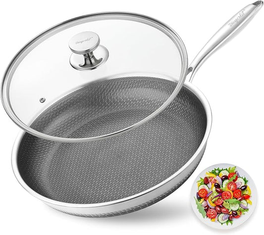 Non Stick Frying Pans, 12 inch Nonstick Skillet with Lid made of Stainless Steel with Honeycomb for Cookware Breakfast Egg- Induction Ceramic Gas Cooktop and Oven Safe Frying pan.