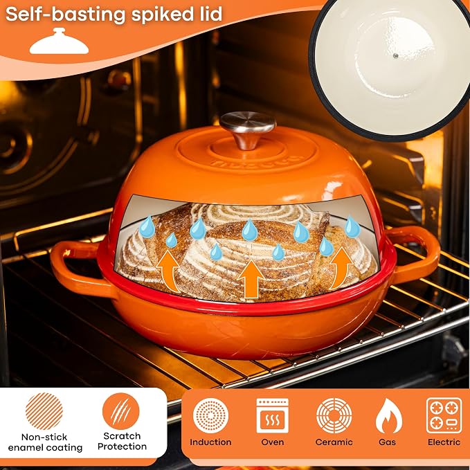 Dutch Oven, 6 Quart Enameled Cast Iron Pot with Lid in Orange