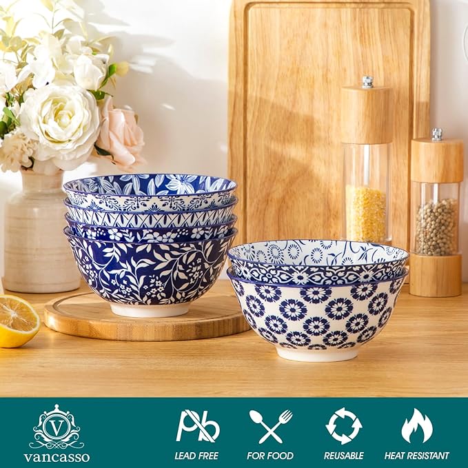 Porcelain Cereal Bowls Set of 6, 24 oz Blue Floral Design