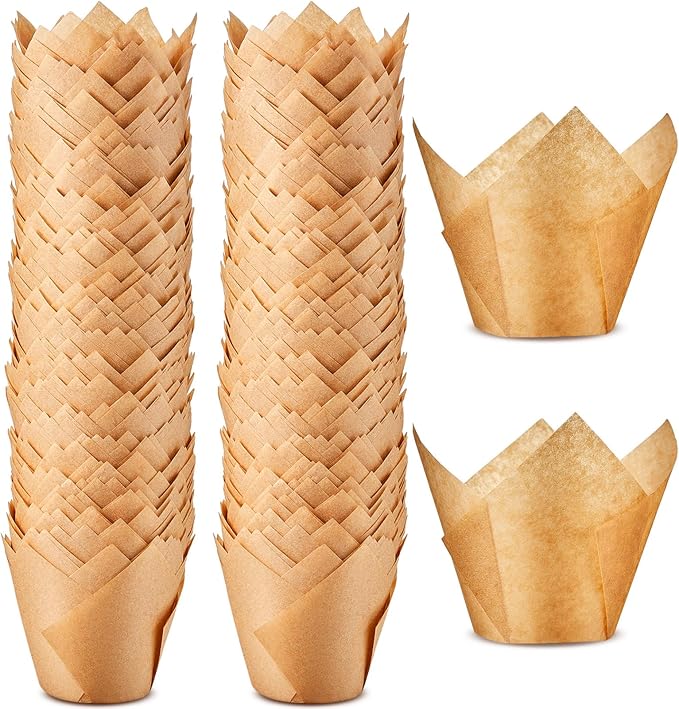Baking Cups - 300 Count Large Tulip Muffin Liners in Light Brown Paper