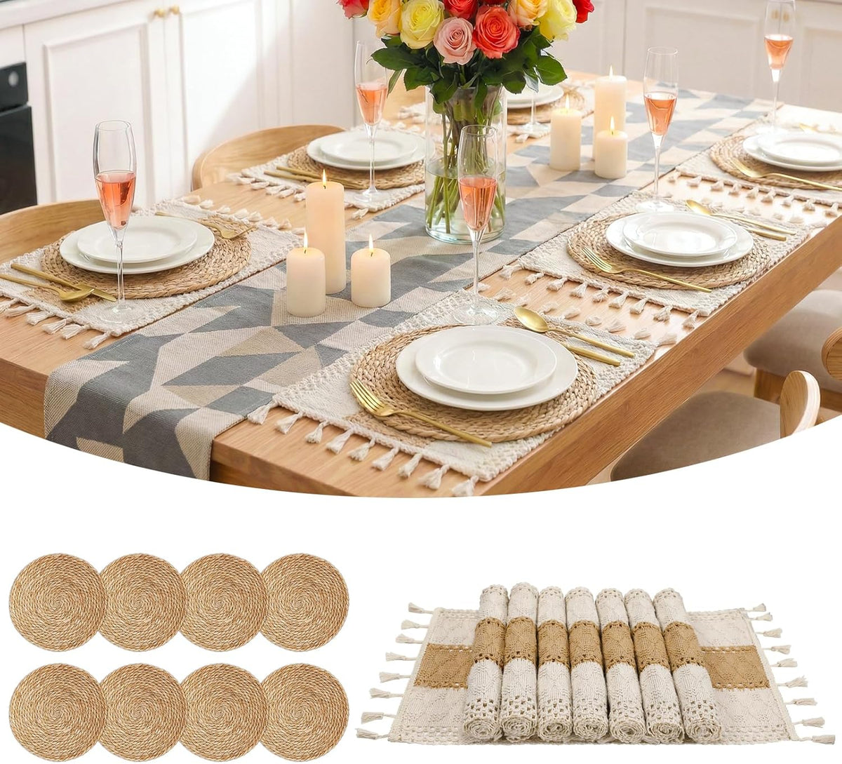 Placemats Set of 8 - Rattan Round Place Mats & 11.8” x 17” Cotton Braided