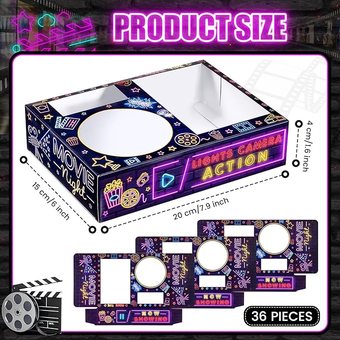 Snack Bowls, 36 Count Round Paper Movie Night Set in Black and Purple