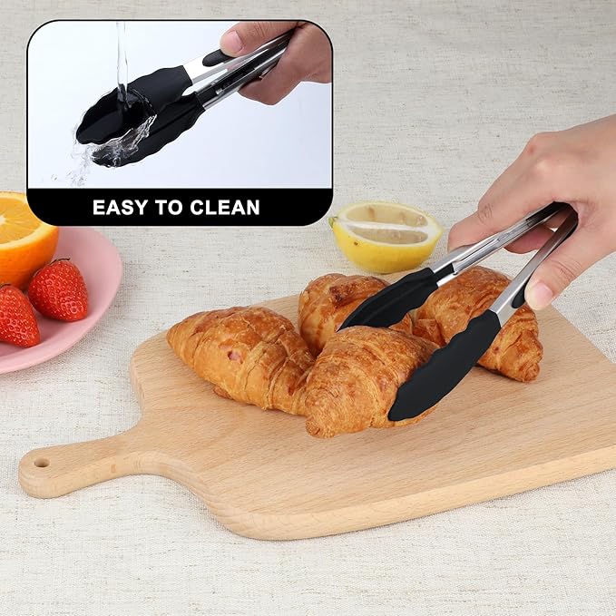 Hotec Mini Silicone Kitchen Tongs for Cooking - 7-Inch Small Serving Tongs with Silicone Tips, Set of 3 (Black,Grey,Light Blue)
