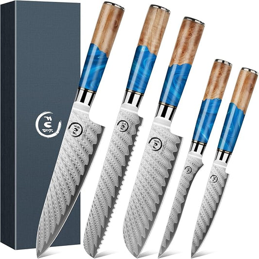 5 Piece Damascus Knife Set, Professional Japanese Knife Set with Japanese VG 10 Steel Core, Blue Resin Handle, Includes Chef, Santoku, Bread, Boning & Paring Damascus Knives in Gift Box
