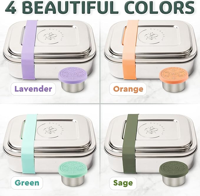 Everusely - Bento Box - Green, 47oz / 1.4 L - Stainless Steel Lunch Box with Leakproof Condiment Container - 3 Compartment Snack Organizer for On the Go Meals - Freezer & Dishwasher Safe
