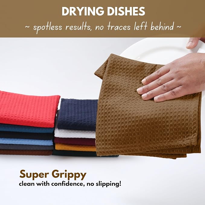 Dish Towels 12 Pack, 100% Cotton Waffle Weave Dishcloths, Brown