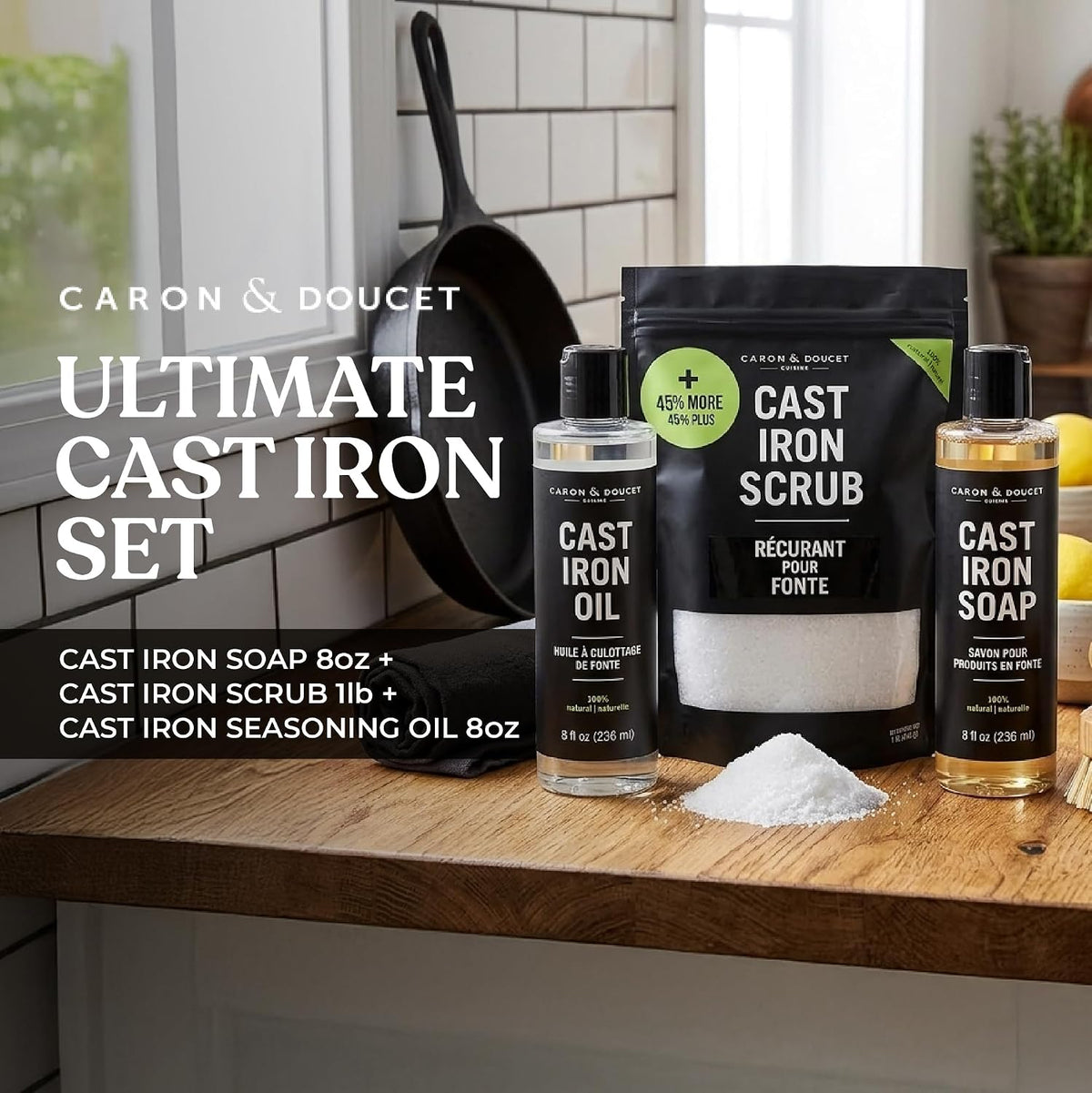 New Ultimate Cast Iron Set: Seasoning Oil, Cleaning Soap & Restoring Scrub | – detail