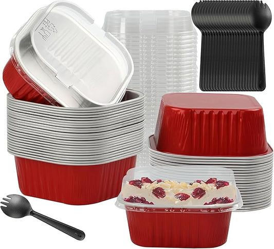 Baking Cups With Lids, BAKINGPAK 30PCS 10oz Square Mini Cake Pans With Lids Disposable Cupcake Containers Individual Cake Pans with Lids Mini Aluminum Pans with Lids for Children Party Birthday, Red