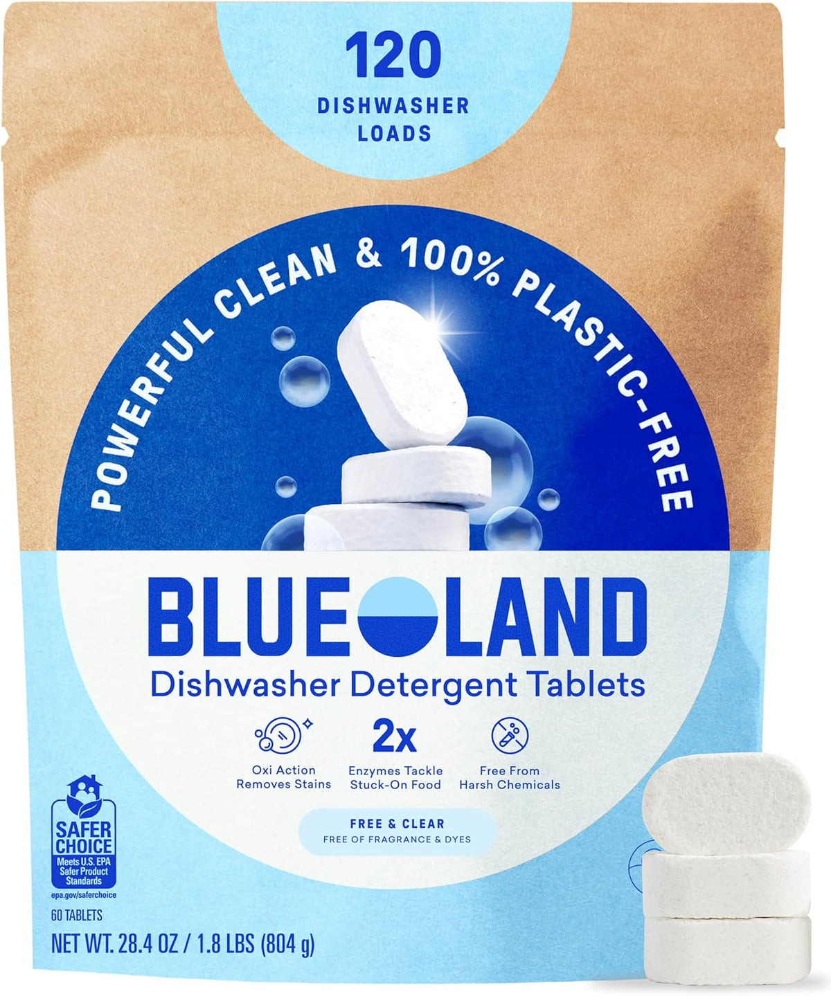 100% Plastic-Free Dishwasher Detergent Tablets 120ct, Free & Clear