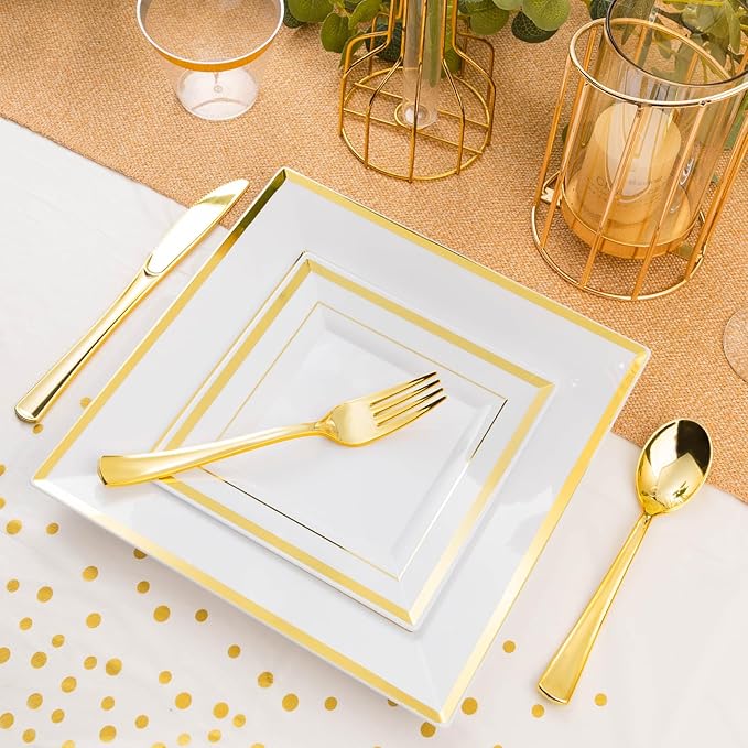Plastic Party Plates Set, 352 Pieces, Gold Rim, Serves 50