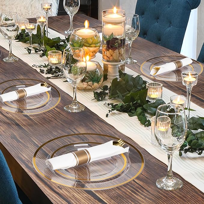 Goodluck 350 Piece Gold Plastic Dinnerware Set for Party, Clear Disposable Plates for 50 Guests, Include: 50 Dinner Plastic Plates, 50 Dessert Plates, 50 Pre Rolled Napkins with Cutlery Set, 50 Cups