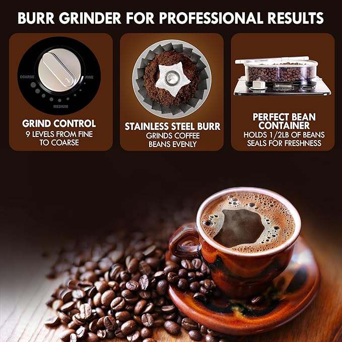 Kenmore Elite Grind and Brew Coffee Maker - Built-In Grinder, Automatic Drip Coffee Machine, 12 Cup Programmable Brewer, Bean Grinder and Ground Coffee Brewer, Coffee Maker and Grinder Combo