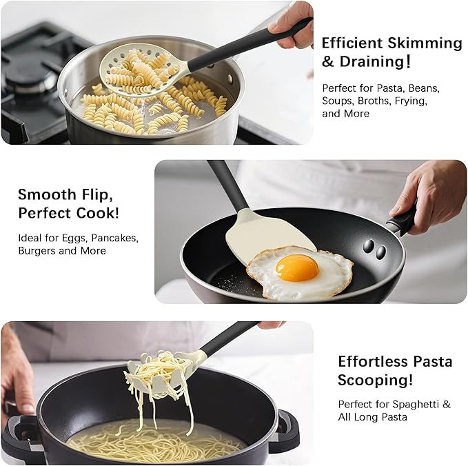 Silicone Kitchen Cooking Utensils Set with Holder – 14, Beige