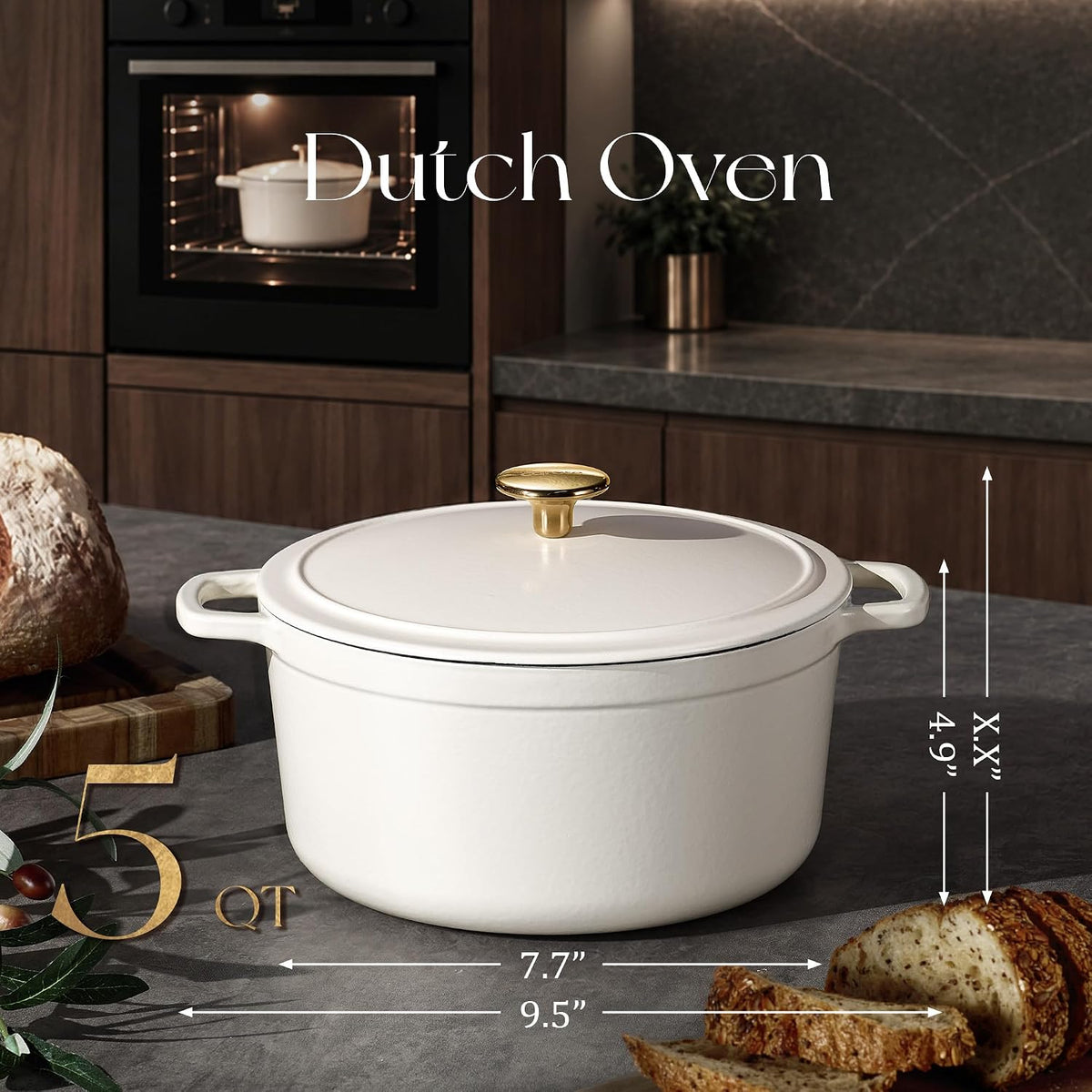 5QT Cream White Enameled Cast Iron Dutch Oven Pot with Lid – detail