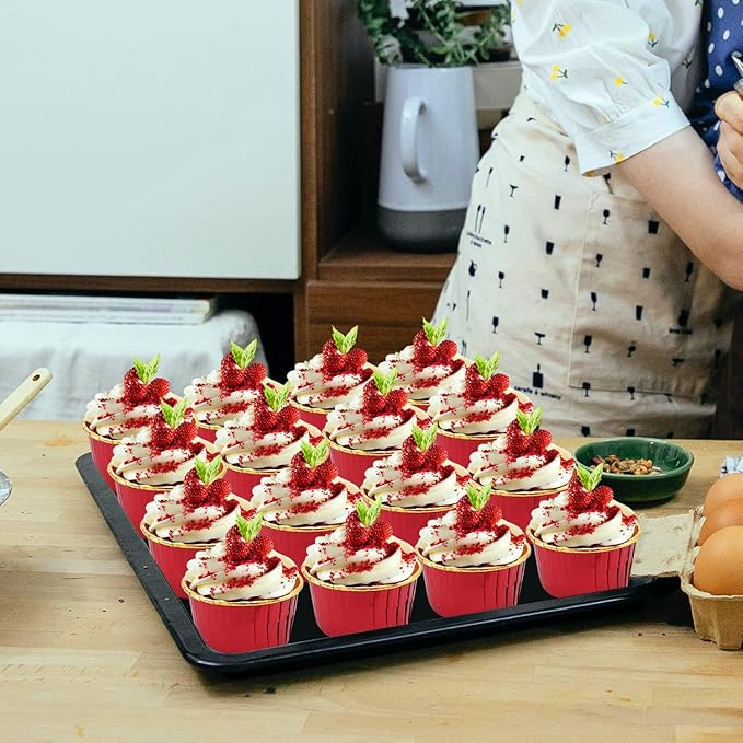 Baking Cups with Dome Lids, 100 Count Red Foil Mini Cupcake Liners