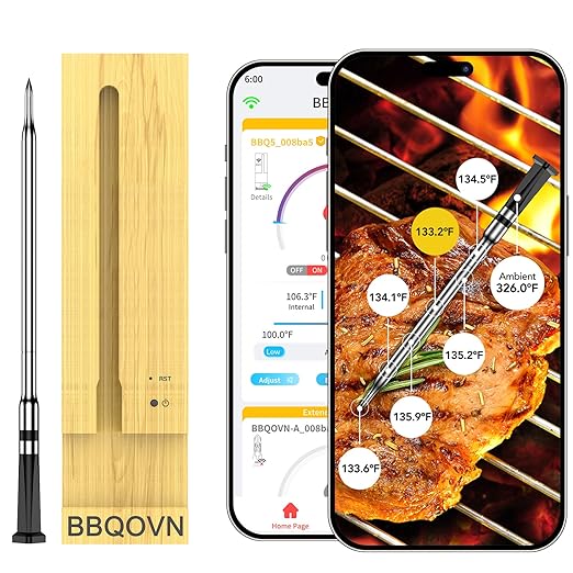 WiFi Bluetooth Wireless Meat Thermometer Unlimited Range, Check Temp Anywhere,7 NIST Certified Sensors with Ambient Temp, Monitor for BBQ, Grill, Oven, Smoker, Air Fryer (Black)