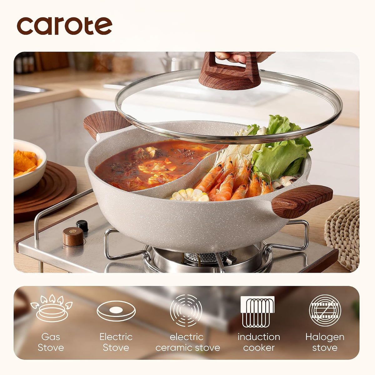 4.5QT Stockpot with Divider Double Flavor, White Granite – close-up
