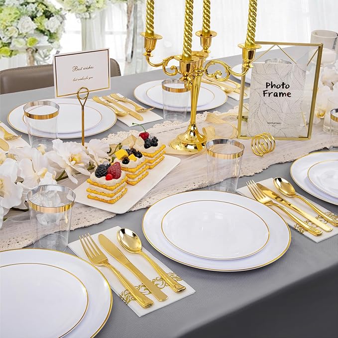 Disposable Plates Set, 350 Pieces, White with Gold Rim for 50 Guests