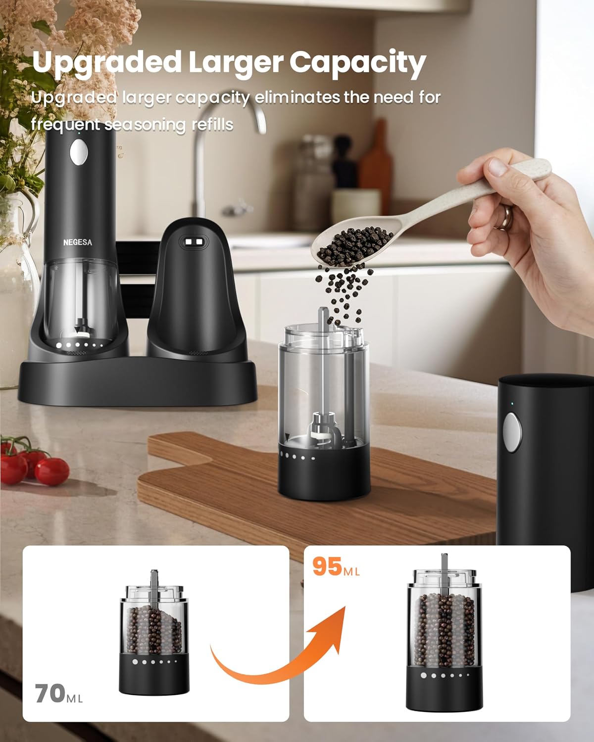 Electric Salt and Pepper Grinder Set with Rechargeable Base - Automatic – set view