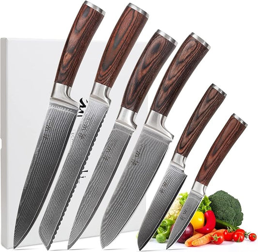 Wakoli EDIB 6-Piece Damascus Knife Set – Complete Kitchen Knives Collection | Genuine Damascus Steel Blades with VG10 Core | Ergonomic Pakkawood Handles | Professional Knife Gift Set