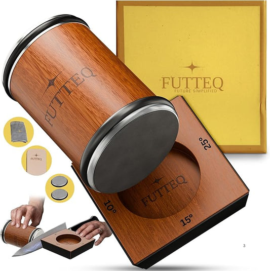 Tumbler Rolling Knife Sharpener Kit - Best Kitchen Knives Sharpening System with Leather Strop and 2 Extra Diamond Disks, Complete Set of Manual Knife Sharpener with Knife Sharpening Guide