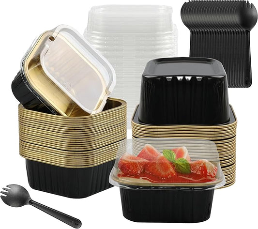 Mini Cake Pans With Lids, BAKINGPAK 30PCS 5OZ Square Mini Aluminum Pans Disposable Aluminum Foil Cupcake Cups Individual Cake Pans with Lids for Children Party Wedding Party,Black Gold