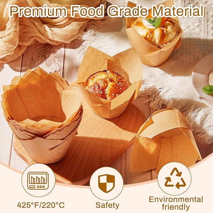 Baking Cups - 300 Count Large Tulip Muffin Liners in Light Brown Paper