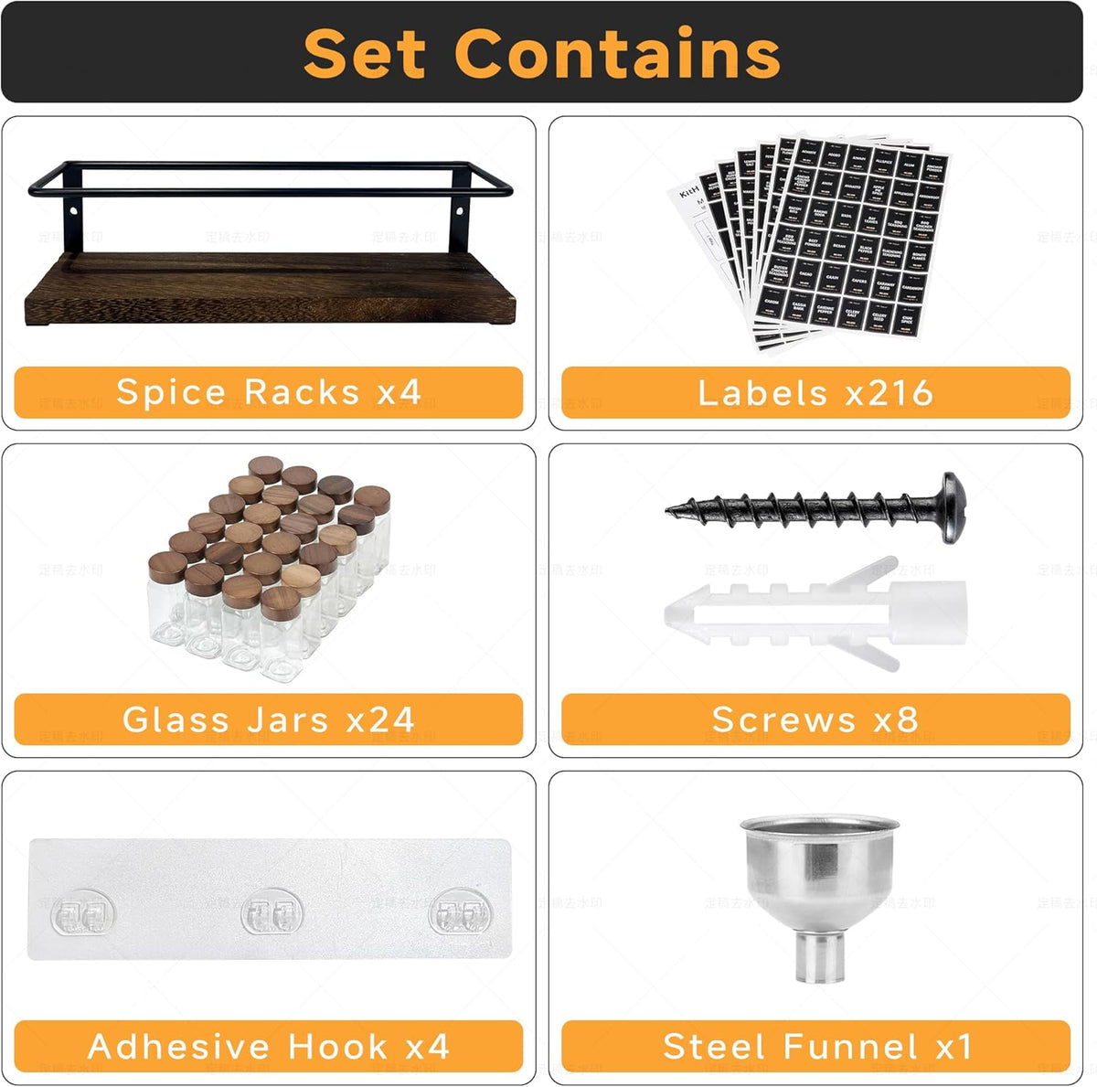 4-Tier Wall Mount Spice Rack Organizer with 24 Glass Jars, 216 Labels & Funnel – detail