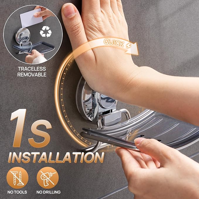 Soap Dish, Chrome Plastic Suction Cup Wall Mount, No Drilling