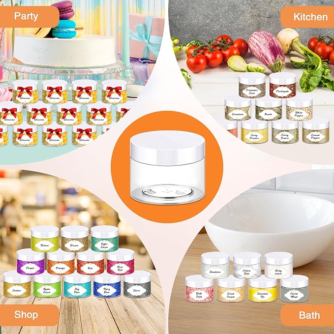Plastic Food Jars, 4 oz Clear with White Lids, 72 Count