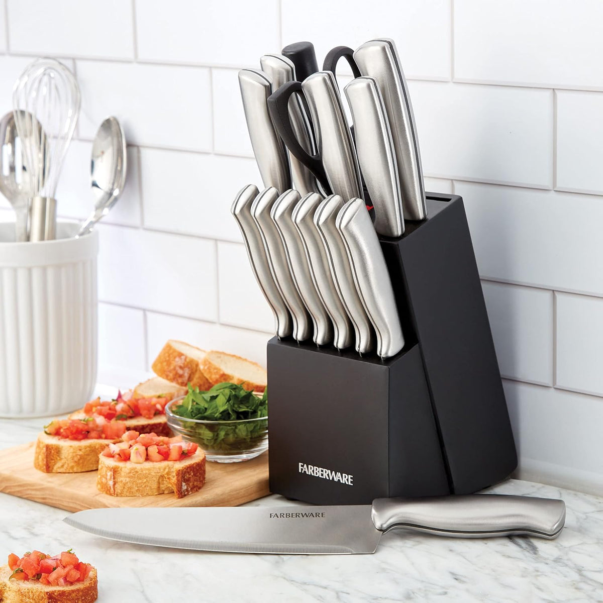 15-Piece Kitchen Knife Set, High-Carbon Stainless Steel Blades with Wood Block – features