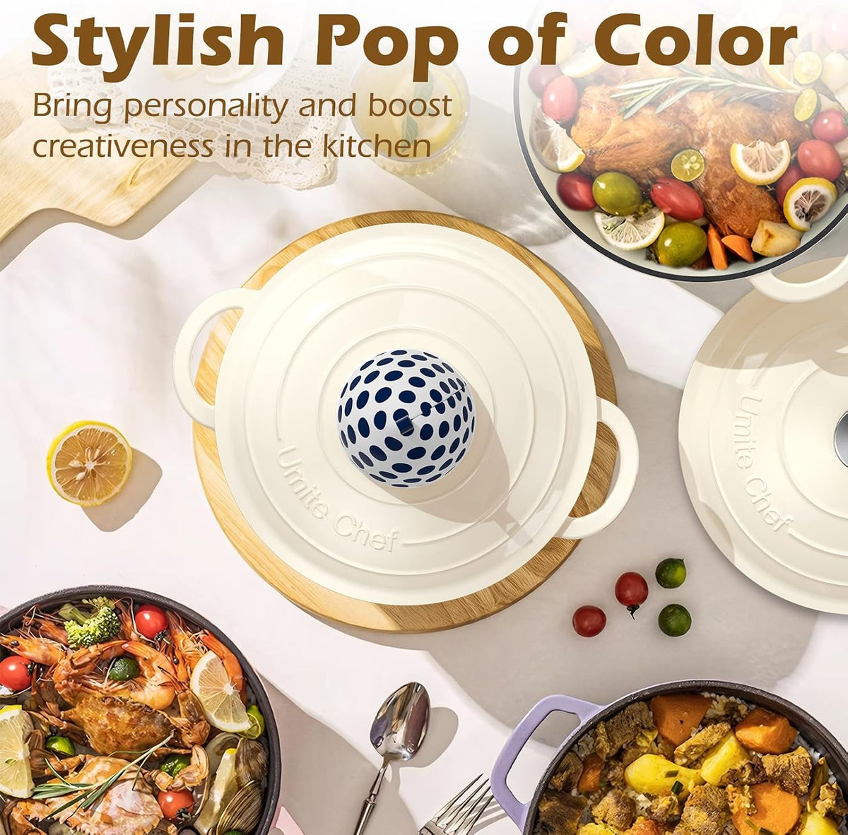 Enameled Cast Iron Dutch Oven - 5QT Pot with Lid & Cotton Potholders – another angle