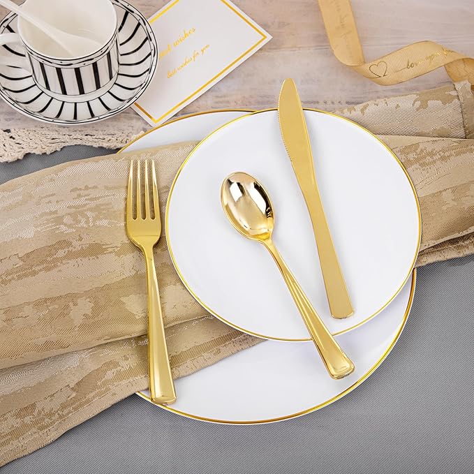 Disposable Plates Set, 350 Pieces, White with Gold Rim for 50 Guests