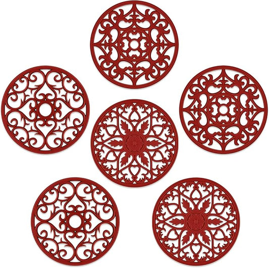 SMARTAKE 6 Set Silicone Trivets, Multi-Use Carved Trivet, Insulated Non-Slip Durable Kitchen Mats, Flexible Modern Kitchen Table Mat, for Hot Dishes, Pots, Dining Countertop, Red